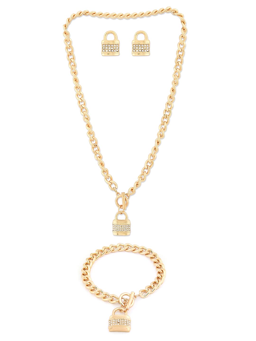 ZAVERI PEARLS Gold Tone Classy Austrian Diamonds studded Lock Necklace Earring & Bracelet Set For Women-ZPFK15010 (B0BG8VLD2G) Amazon Price History, Amazon Price Tracker