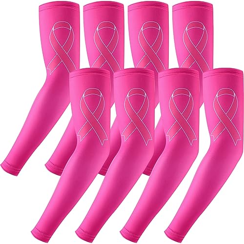 Gejoy 4 Pair Breast Cancer Awareness Sleeves Pink Ribbon Compression Arm Sleeves Gifts for Women Arm Cover