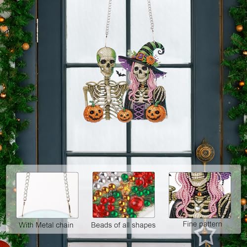 Image of AiYuanzsh Large Diamond Art Painting Pendant 5D Diamond Art Hanging Kit Halloween Skull Pumpkin DIY Crystal Window Door Pendant for Adults Gift Wall Home Halloween Decoration (24.1x23.1 cm)