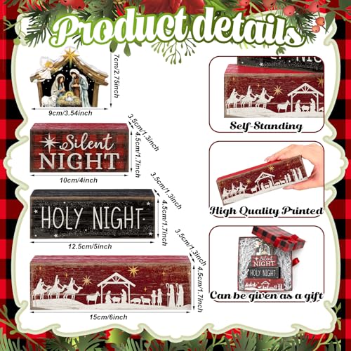 Image of Moucuny 4 Pcs Christmas Table Decor Wooden Christian Religious Decoration Nativity Scene Centerpiece Holy Night Tiered Tray Decor Red and Black Buffalo Plaid Block Signs Xmas Decoration for Kitchen