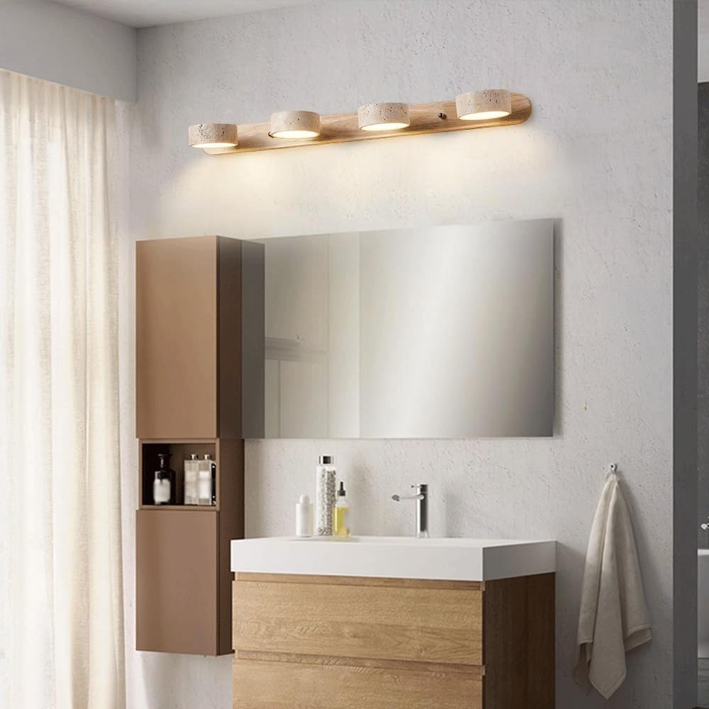 Kinkiet Ścienny Led Z Trawertynu, Naturalny Kamień, Drewniana Podstawa, 4 Światła, Kremowy Styl, Lustro, 27,5 Cala, Długi, Poziomy Kinkiet Do Łazienki, Sypialni I Korytarza