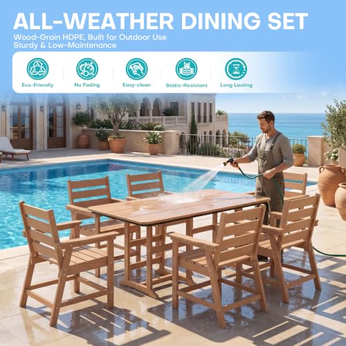 Image of 7-Piece Dining Set, HDPE Table & 6 Chairs,Cedar | HDPE Dining Set: 69.1 inch Table + 6 Chairs, 380 lbs, 304 Stainless, All-Weather, No Rust No Crack, Outdoor Patio Garden