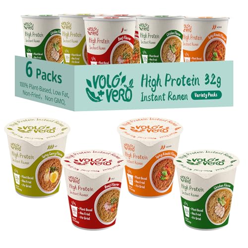 VOLO VERO High Protein (32g) Ramen Noodles Cup Variety Pack, Plant-Based, Non-Fried, Vegan, Low Fat | Chicken, “Spicy” Beef, Kimchi, Curry Flavors | 6-Packs, Quick Healthy Asian Meal