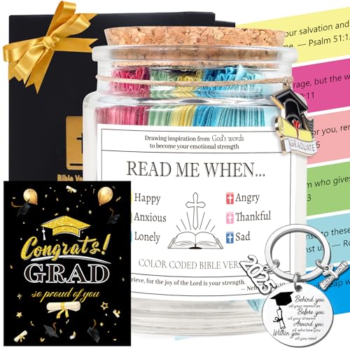 Christian Graduation Gifts to Him - 4Pcs Religious Graduation Gifts, Bible Verse Jar, Keychain, Congrat Grad Cards, High Shool College Master Phd Graduate Gift for Son Grandson Nephew