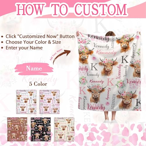 Image of Personalized Highland Cow Blankets, Custom Highland Cow Gifts for Boys Girls,Soft Flannel Animal Throw Blanket with Name,60 inchx80 inch for Adults
