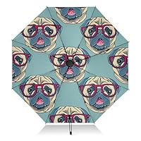 Cute Pug Dogs Green Uv Blocker Umbrellas Sun Travel Umbrella Windproof Travel Black Wind Resistant Umbrella with Cover for Sun & Rain