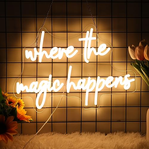 Neonawall Where The Magic Happens Neon Sign Led Light Up Signs for Wall Decor USB Powered Letter Neon Light Signs for Bedroom Wedding Decor Birthday Party Shop Bar Man Cave 16 x 9.6''(Warm White)