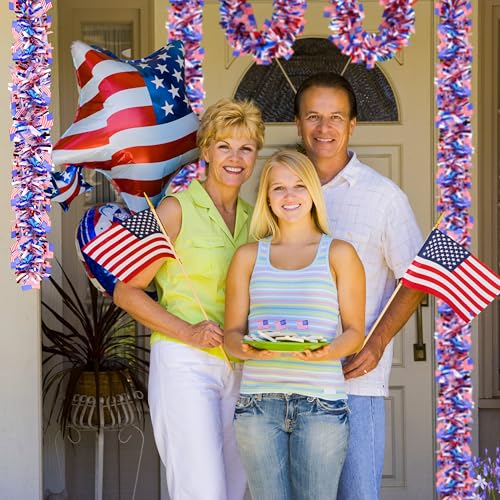 Image of 50FT 4th of July Patriotic Tinsel Garland, Glitter Tinsel Garlands with Flag, Metallic Holiday Hanging Streamers for Memorial Day Independence Day Indoor Outdoor Party Decor