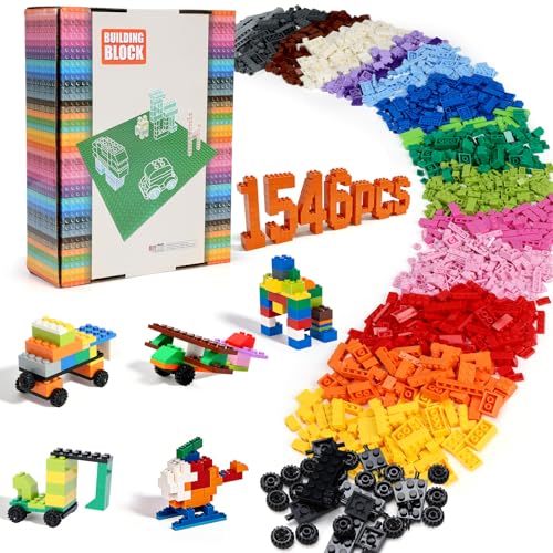 Lekebaby Classic Building Bricks Ensemble de 1546 pièces de blocs de construction basiques avec roues, STEM Creative compatible avec toutes les grandes marques