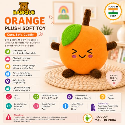 Image of Babique Orange Plush Soft Toy for Kids & Babies | Ultra-Soft Stuffed Fruit Soft Toy | Orange | 16 cm
