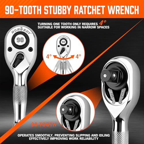 Image of HORUSDY 3 Piece 90T Stubby Ratchet Handle Set, 1 /4 inch 3 /8 inch 1 /2 inch Drive Mini Socket Wrench, Compact Reversible Ratchets for Tight Spaces, Car & Home Repair, DIY, Mechanic Tool