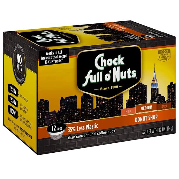 Chock Full O'Nuts Donut Shop - Cápsulas de café de tostado medio, compatibles con K Cup, tazas ecológicas compatibles con Keurig, 12 unidades