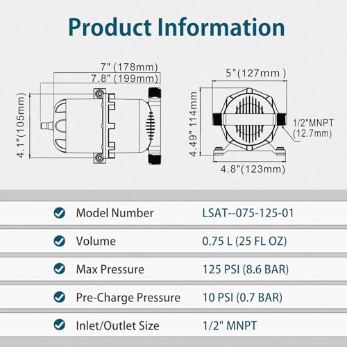 Image of WASSERMANN Pre-Pressurized Accumulator Tank,25.3 oz (0.75L) 125 PSI Water Pump Flow Control with Internal Bladder Reduced Pump Cycling, Suitable for RV, Boat, Travel Trailer, Caravan
