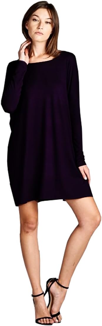 Normcoer Women's Basic Loose Fit Piko Dress Long Sleeve Round Neck (Small/Medium, Black)