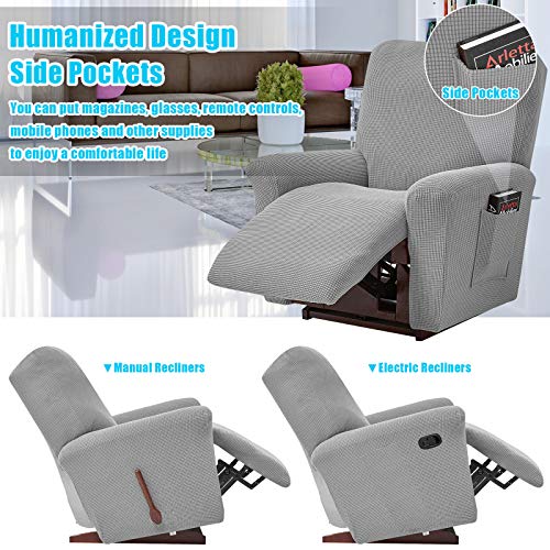 4 Pieces Stretch Recliner Slipcovers,Thick Jacquard Reclining Chair Covers Washable Spandex Sofa Couch Cover Anti-Slip Furniture Protector Couch With Elastic Bottom&Side Pocket(Silver Gray) #TOP5