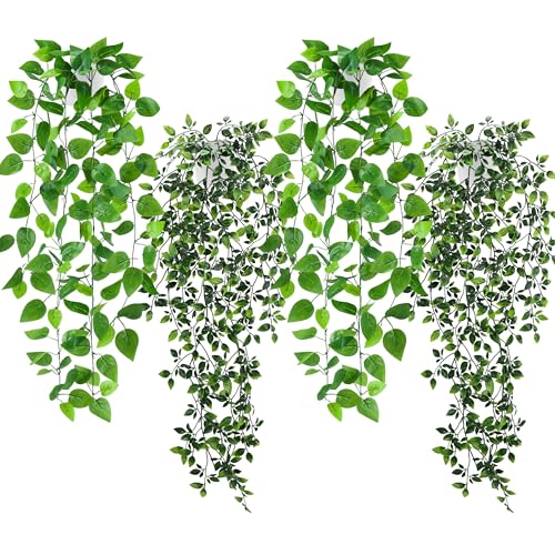 Der Rose 4 Pack Fake Plants Hanging Faux Potted Ivy Vine Artificial Mandala Plants for Room Bathroom Wall Shelf Decor Indoor