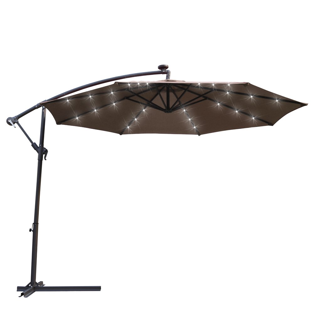 Amazon Com Kosycosy 10 Ft Led Lighted Cantilever Umbrella Solar Power Patio Umbrella Offset Outdoor Market Hanging Umbrellas Crank With Cross Base Tan Garden Outdoor