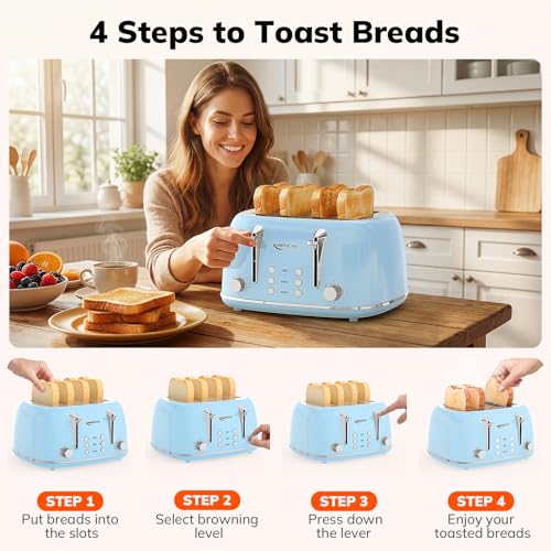 Image of Keenstone Toaster 4 Slice, Retro Stainless Steel Wide Slot Toaster with Dual Independent Controls, 6 Browning Levels, Bagel, Defrost, Reheat & Cancel, Removable Crumb Tray, Blue