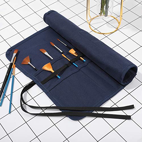 Image of Denifiter Artist Paint Brushes Organize Pouch, 16 OZ Waxed Cotton Canvas Pencil Case (Blue)