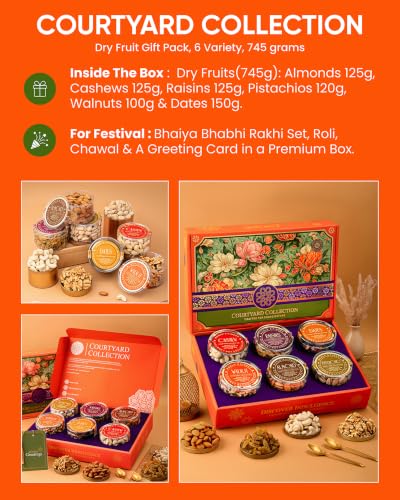 Image of Hyperfoods Bhai Bhabhi Rakhi Set Dry Fruits Gift Box (Dry Fruit Weight 745Gms Box Gross Weight 960Gms) RawFruit Courtyard Collection Pack of 6 Rakhi For Brother And Bhabhi DryFruits Gift Pack