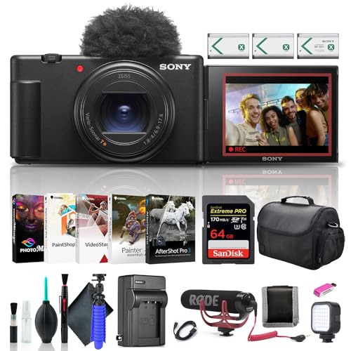Sony ZV-1 II Vlogカメラ コンテンツクリエイターとVloggers用 ブラック ZV-1M2/B、プロマイク、64GBカード、Corelフォトソフトウェア、NP-BX1バッテリー2個、カードリーダー、LEDライト、ソフトバッグ、充電器など。