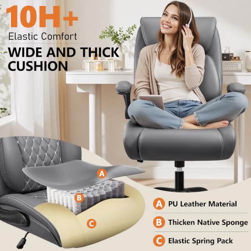 Image of BESTFAIR Office Chair, Executive Computer Desk Chair with Lumbar Support for Lower Back Pain Relief, Ergonomic Leather Home Chair Comfy with Padded Flip-up Arms and Adjustable Armrests, Gray