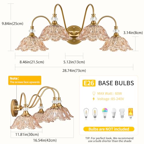 Image of Vintage Bathroom Vanity Light, 4-Light Matte Brass Finish Vanity Light with Floral Amber Glass Shades, Retro Wall Mount Lighting for Bathroom, Dressing Table