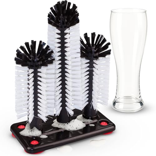 Novaliv Gläserspüler mit 3 Spülbürsten & Saugnapf Glasspüler für Zuhause Bar Theke Gastronomie Party Spül Bürste Spülbecken Gläserbürste Glasbürste Bier Soda Glas Gläser Reinigung