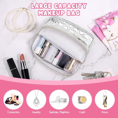 Image of Likesing 5.1 inch Mini Makeup Bag for Purse, Leather Small Makeup Pouch Travel Cosmetic Make up Bags for Women Girls, Cute Preppy Mini Toiletry Bag Coin Pouch Period Bag(3D Love Silver)