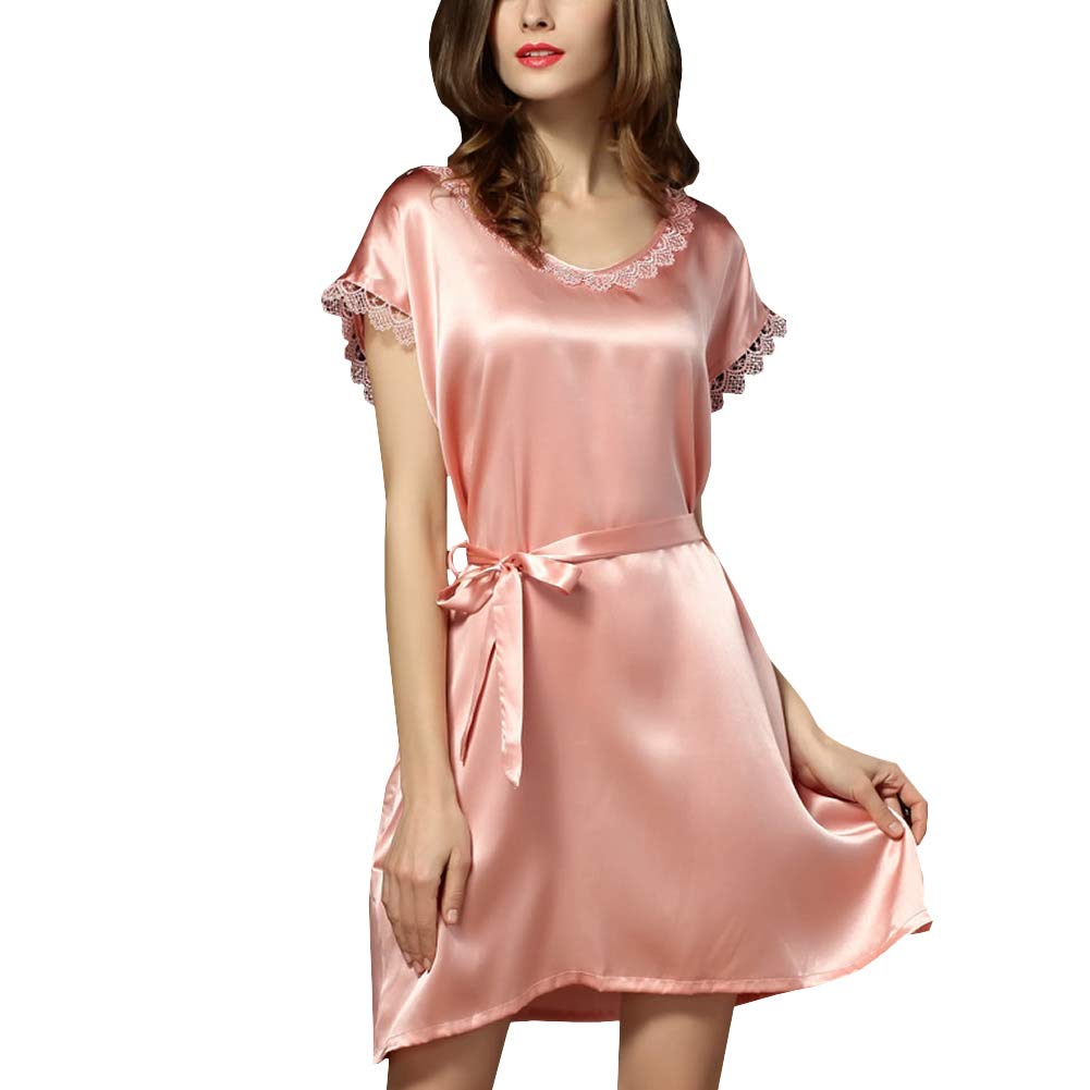 DISSA Ropa de dormir de seda para mujer, camisón 100% seda Albornoz con encaje vestido de seda manga corta S5508, rosa, talla única