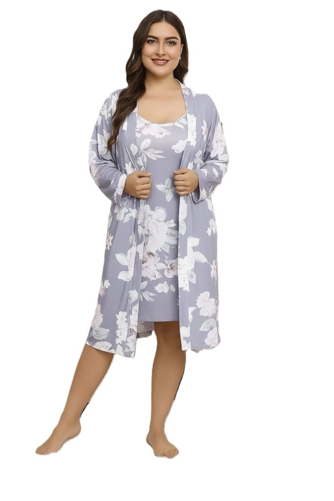 Floral Print Robe and Chemise Set, Lavender Grey, Viscose, Plus Size, Knee Length Loungewear for Women (IN, Alpha, L, Regular, Grey)-image-23