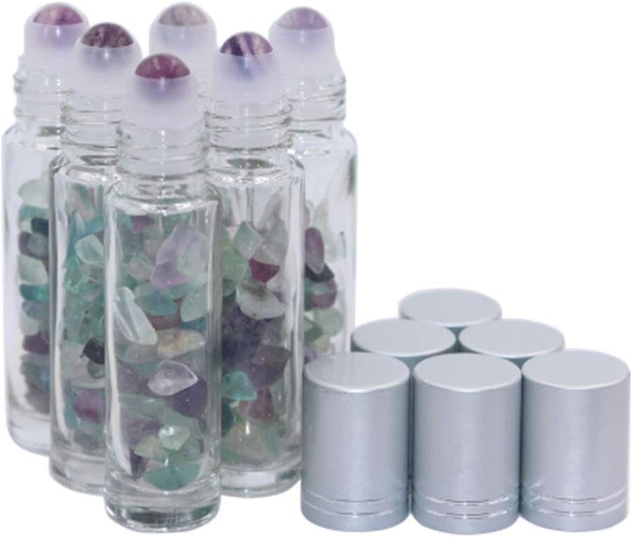 Fluorite Gemstone Roller Bottle,6 Pack 10ml Thick Clear Glass Roll-On Bottles,Refillable Roller Bottles For Essential Oils Natural Crystal Stones Roller Balls With Lids-Healing Crystal Chips Inside