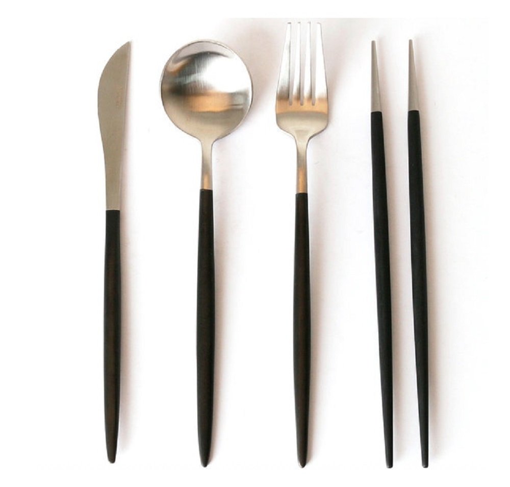 Leon Black Stainless Steel Dinner Set, 4-Piece Flatware Set, Knife/Spoon/Fork/Chopsticks, Cutlery Set Table Set