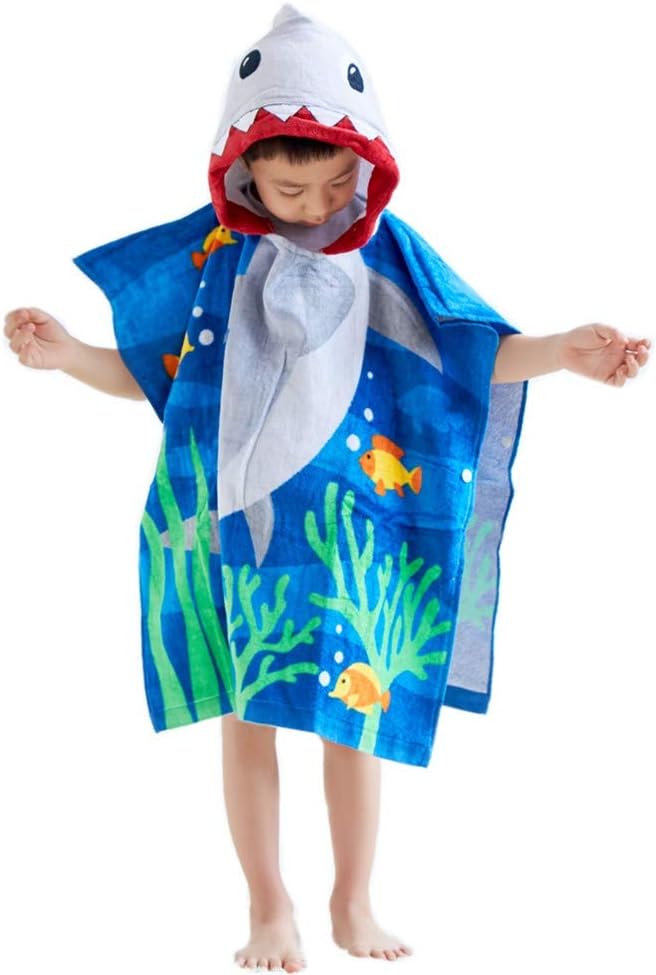 100% Cotton Shark Hooded Towels for Kids, Super Soft and absorbent, 25"x25" Large Size Cover Up Towel Wrap with Side Button, Bath/Beach/Swimming/ Bathrobe Poncho for for Children Toddlers Under Age 6