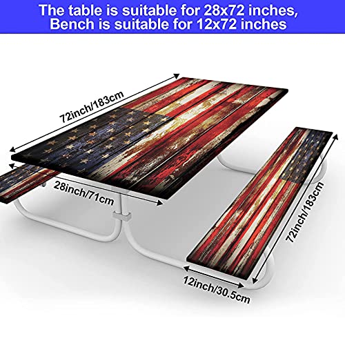 American Flag Picnic Table Fitted Tablecloth Cover, Symbolism Over Old Rusty Tones Weathered Vintage Social Plank Artwork Table Cloth, 28X72 Inch， 3 Piece Rectangle Table Cover For Outdoor, Camping #TOP3