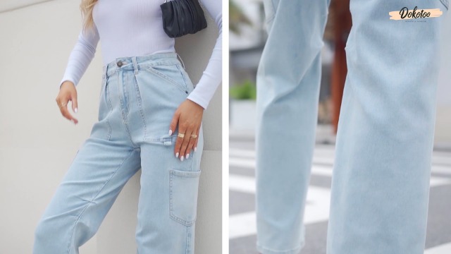 Dokotoo Womens Jeans Straight Leg Cargo Jeans for Women High Waist