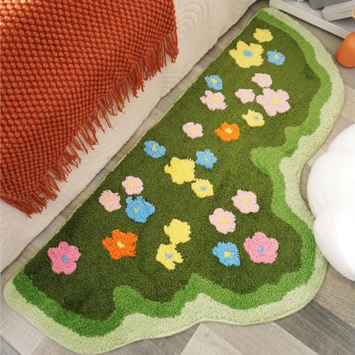 Fluffy Green Moss Rug with 3D Flowers Irregular Shape Area Runner for Bedroom Living Room Non Slip Washable Bathroom Runner