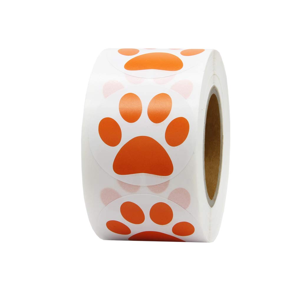 1.5" Round Orange Bear Paw Print Dog Puppy Paw Stickers - 500 Pieces per Roll
