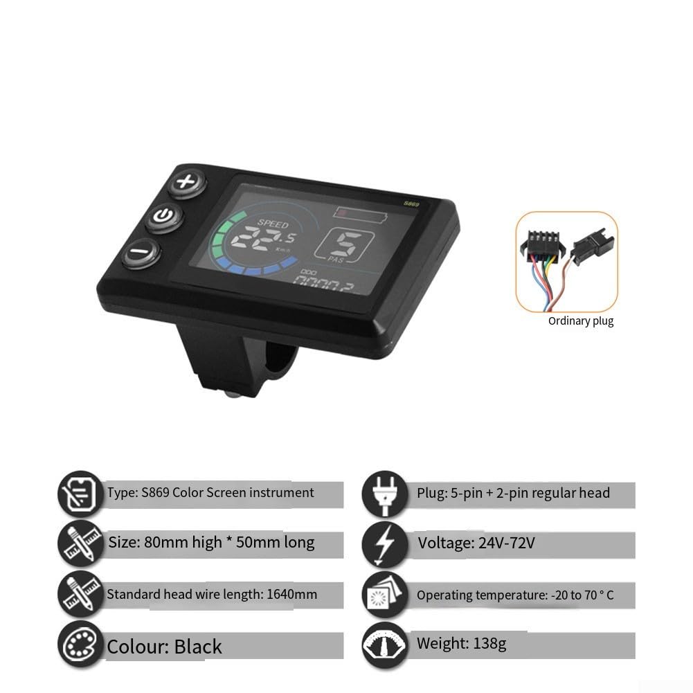 Contrôleur d'onde sinusoïdale trimode pour vélos électriques avec panneau de bord LCD s869 et poignée d'accélérateur compatible avec les systèmes de batterie 24 V 36 V 48 V jusqu'à 2000 W (17 A)