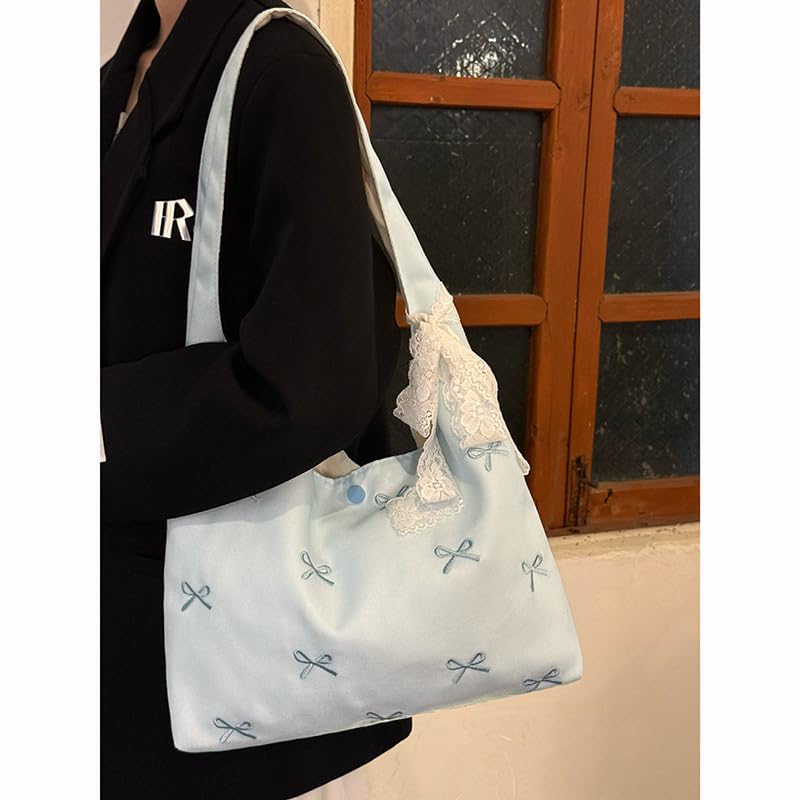 JQWYGB Bow Tote Hobo Bag Cute Shoulder Bags for Women Canvas Embroidery Tote Purses Slouchy Hobo Handbags3