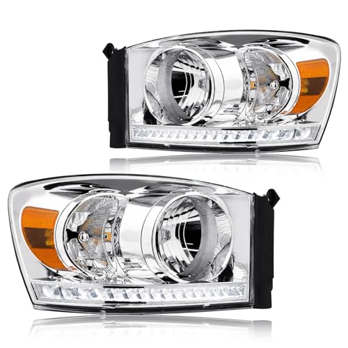 DimFlux LED Headlight Assembly, Headlights Kit Compatible with 2006-2008 Dodge Ram 1500/2006-2009 Ram 2500 3500(Fits Models with Halogen Headlamps Only) Headlamp Chrome Housing Amber Reflector