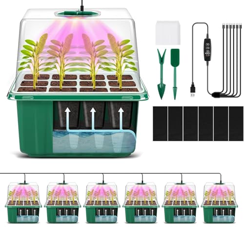 YAUNGEL Self-Watering Seed Starter Trays with Grow Light, 6-Pack 72-Cell Seed Starter Kit with Timing Controller Adjustable Brightness, Thicken Seed Starter Kit Humidity Dome Heightened Lids, Green
