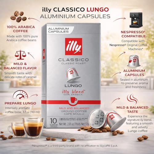 Image of ILLY - Classico Lungo Aluminium Coffee Capsules (10 Pods, 57g) By COUGAR | 100% Arabica Classic Roast Coffee | Mild Balanced Smooth Taste | Compatible with Nespresso Machines | Premium Italian caffe - (Imported-ITALY)
