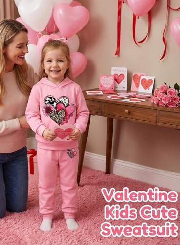 Image of Toddler Girls Heart Print Hoodie Set - Kids Cute Sweatsuit Fall Winter Sweatshirt Sweat Pants 2Pcs Outfit