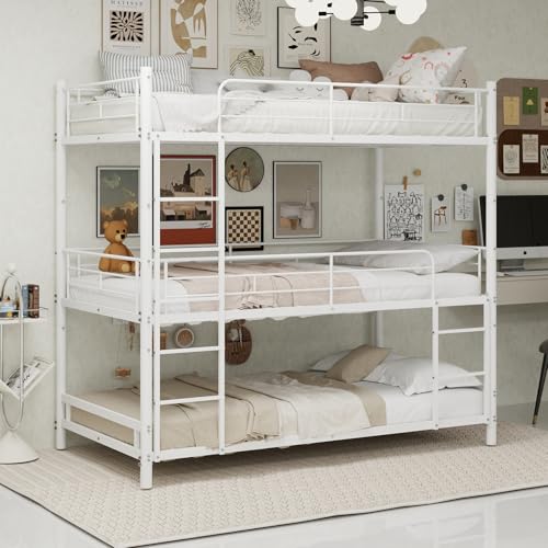 Jaxenor Metal Kids Triple Bunk Bed Bed with Ladder Silent Anti Slip Pad and Raised Guardrail Space Saving Bed Frame for Small Rooms Dormitory Childrens room No Mattress(90x190cm) White