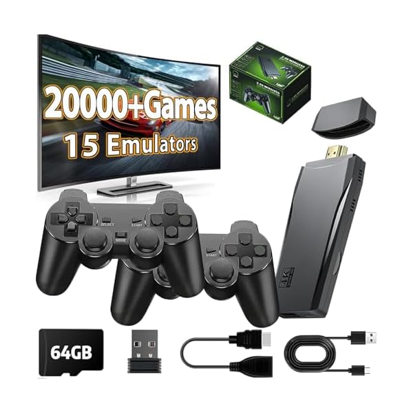 Wireless Retro Game Console Stick, Nostalgia Gaming Stick, Plug & Play TV Video Gaming Stick with 20000+ Games Built-in, 15 Retro Emulators 64G, 4K HDMI Output, 2 2.4G Wireless Controllers
