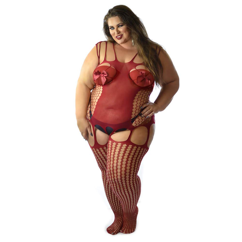Fishnet Lace Red Bow Full Body Stocking Bodysuit Lingerie