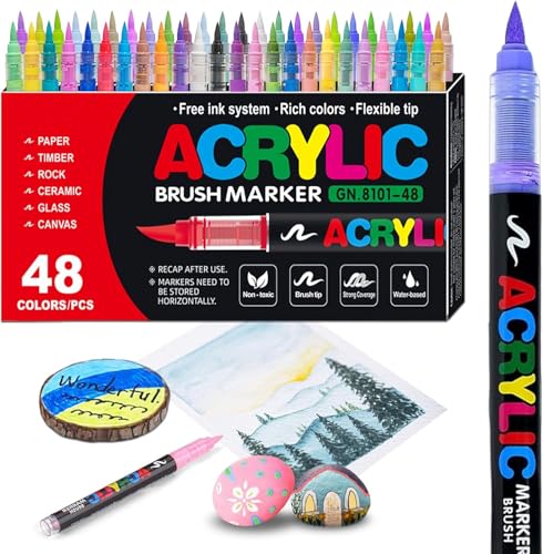 Image of Soft Brush Tip Acrylic Markers, Quick Dry Waterproof Acrylic Paint Markers for Canvas, Wood, Metal, Ceramic, Stone, Egg, Rock Paint and Crafts, Multicolor