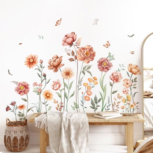 Tanlaby Boho Blumen Wandaufkleber Vintage Blumen Wandaufkleber Blume Gras Pflanzen Schmetterling Wandsticker für Wohnzimmer Schlafzimmer Büros Badezimmer Wanddekoration