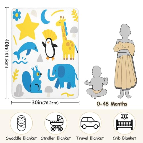 Custom Vector Animal Giraffe Elephant Blue Yellow Muslin Blanket Cozy personalizados para Name Blankets for Girls or Boys 30x40in Regalo para3